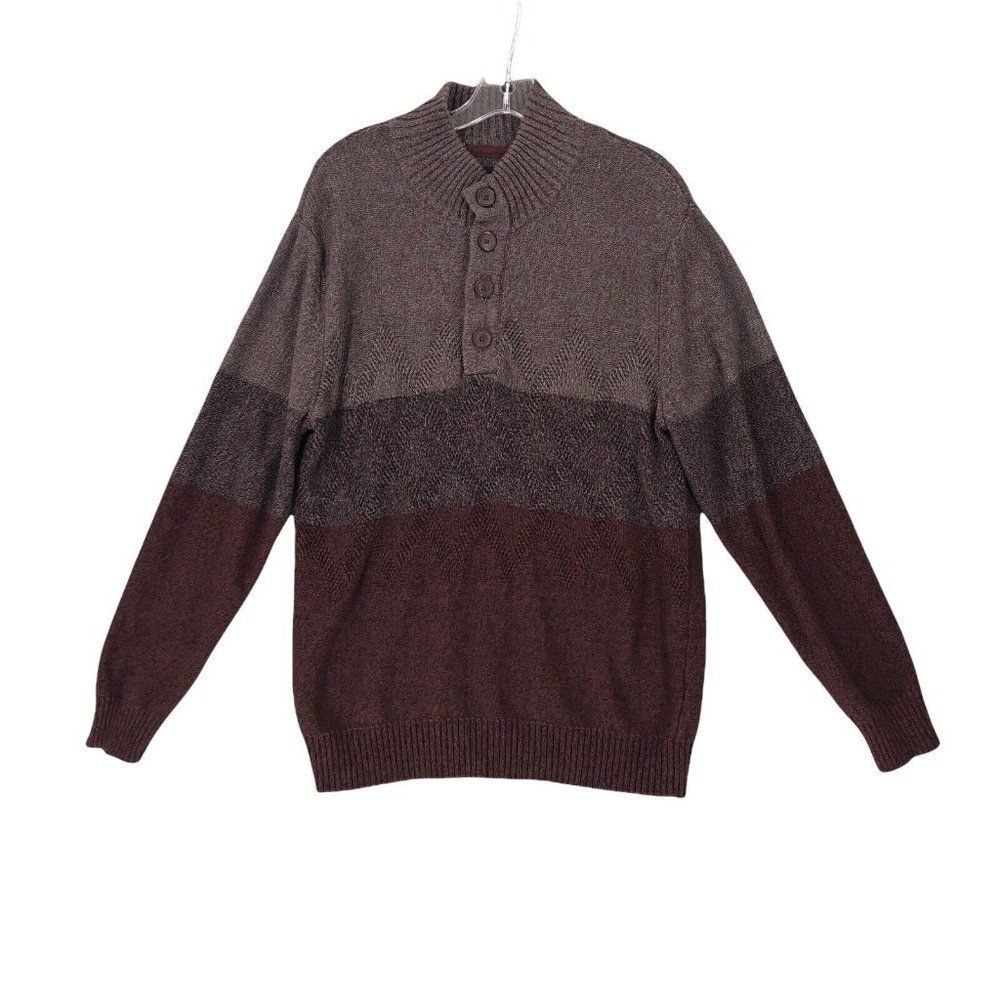 Method Mens Sweater Large Gray Burgundy Henley Mock Neck Long Sleeve Pullover